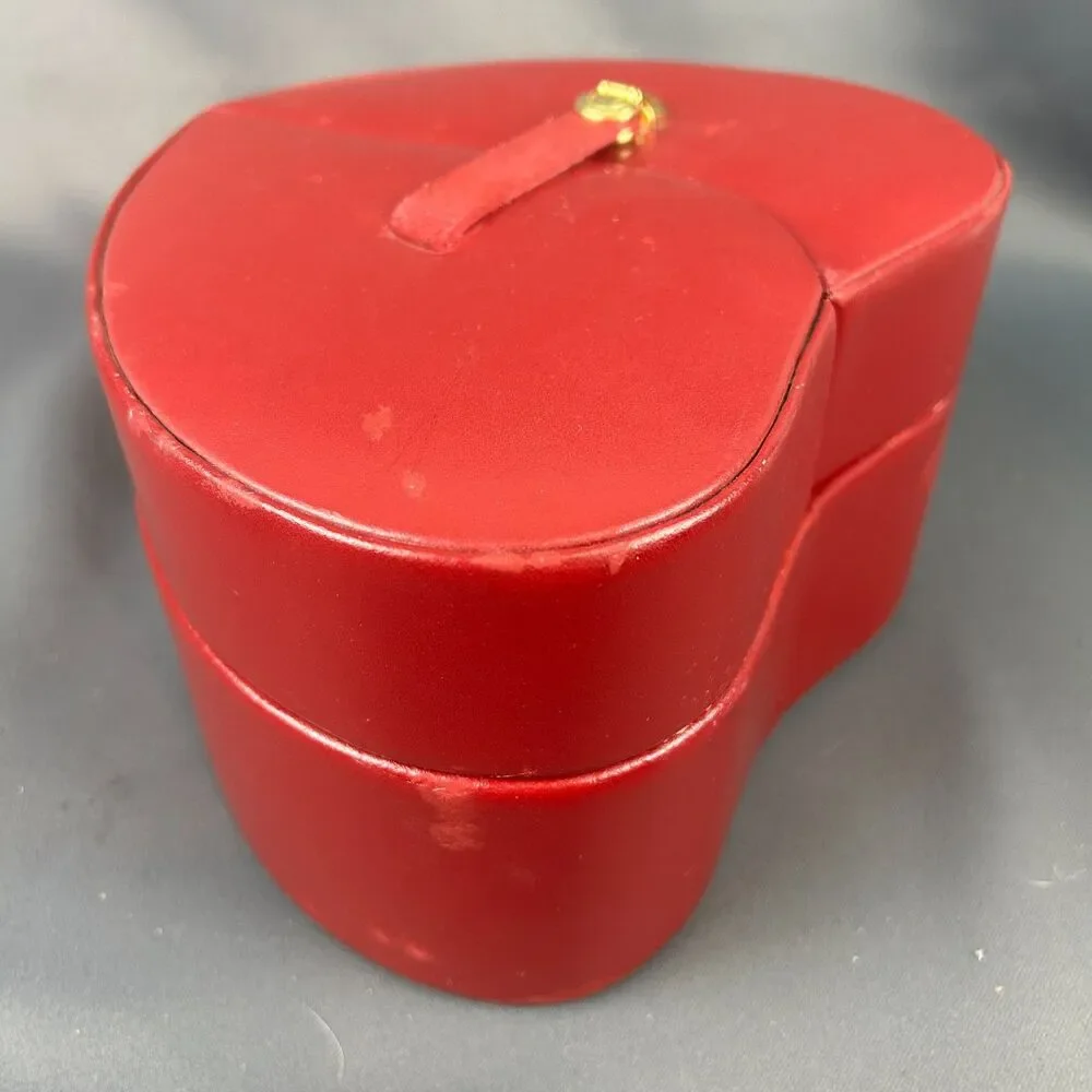 Vintage Wolf Designs Red Leather Heart Shape Jewelry Box Swing Out Design